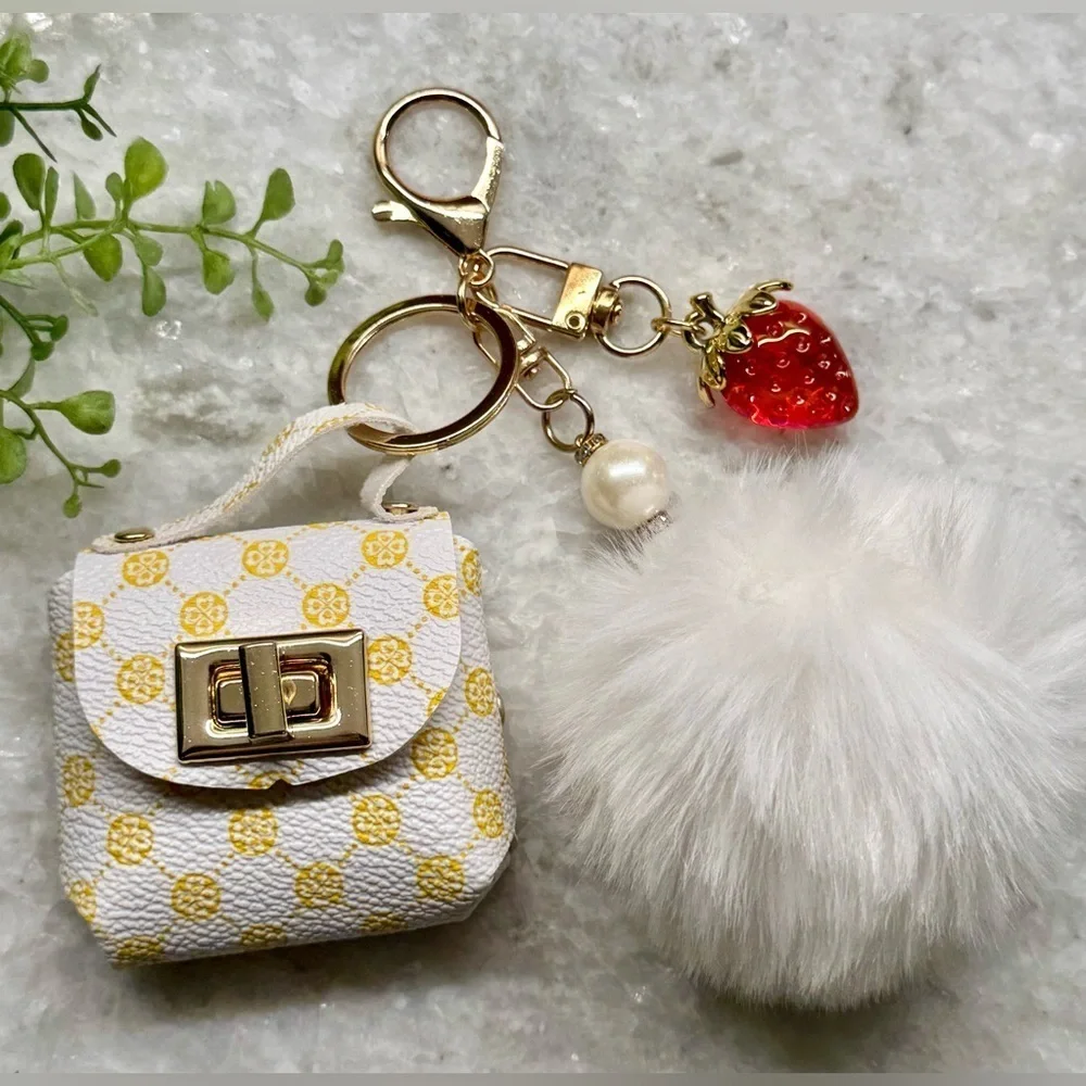New White Faux Leather Mini Bag Purse Charm Keychain w/ Strawberry & Pom Pom